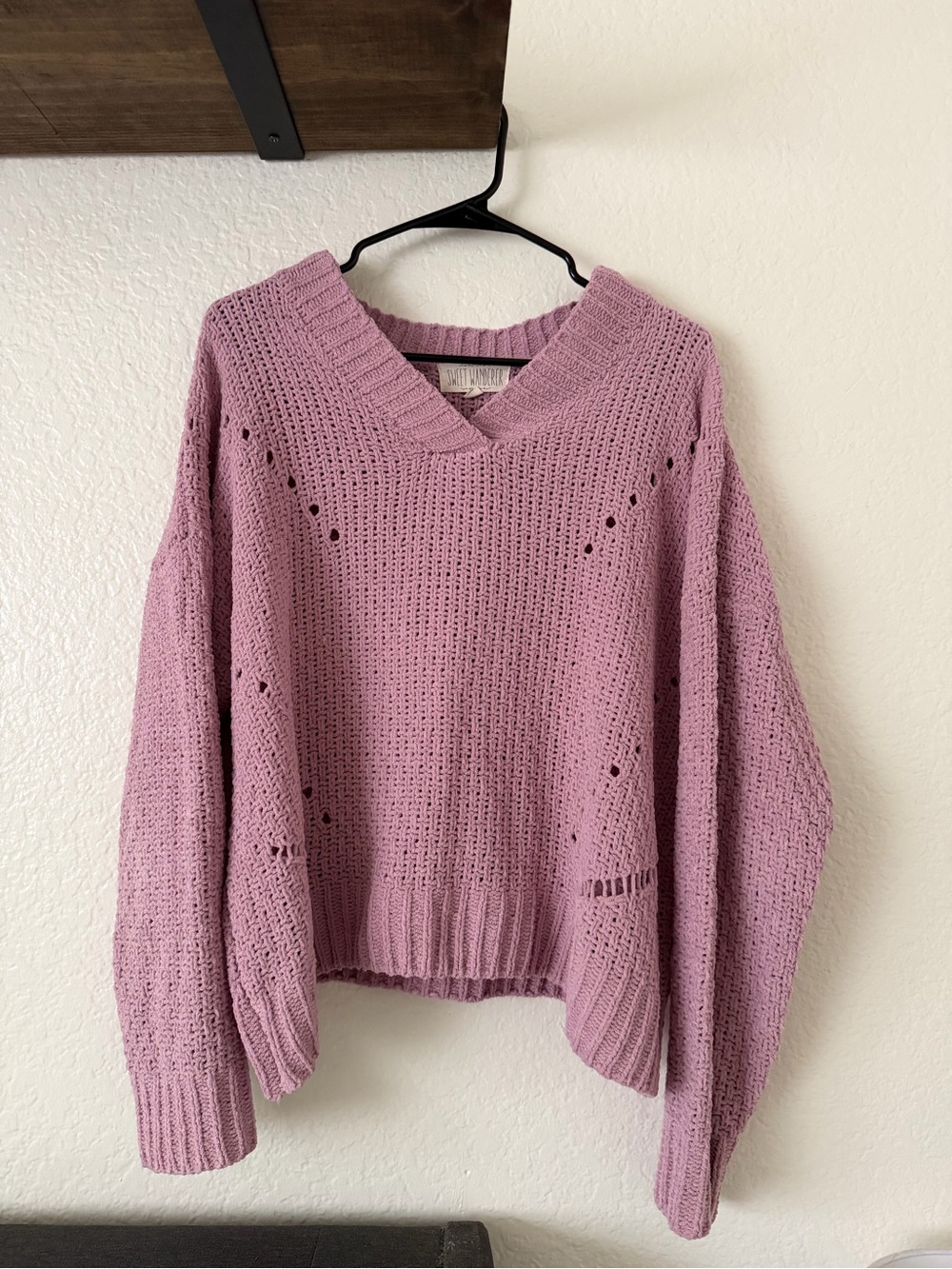 Sweet Wanderer Open-Knit V-Neck Sweater in Mauve Pink